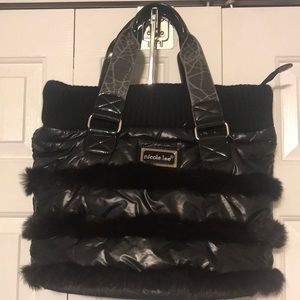 Nicole Lee black  puff patient leather/fur bag.NWOT
